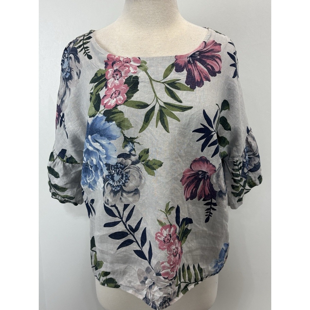 Laura Bianchi Women's Sz SM 100% Linen Boxy Fit Floral Top Bell Sleeve Lagenlook